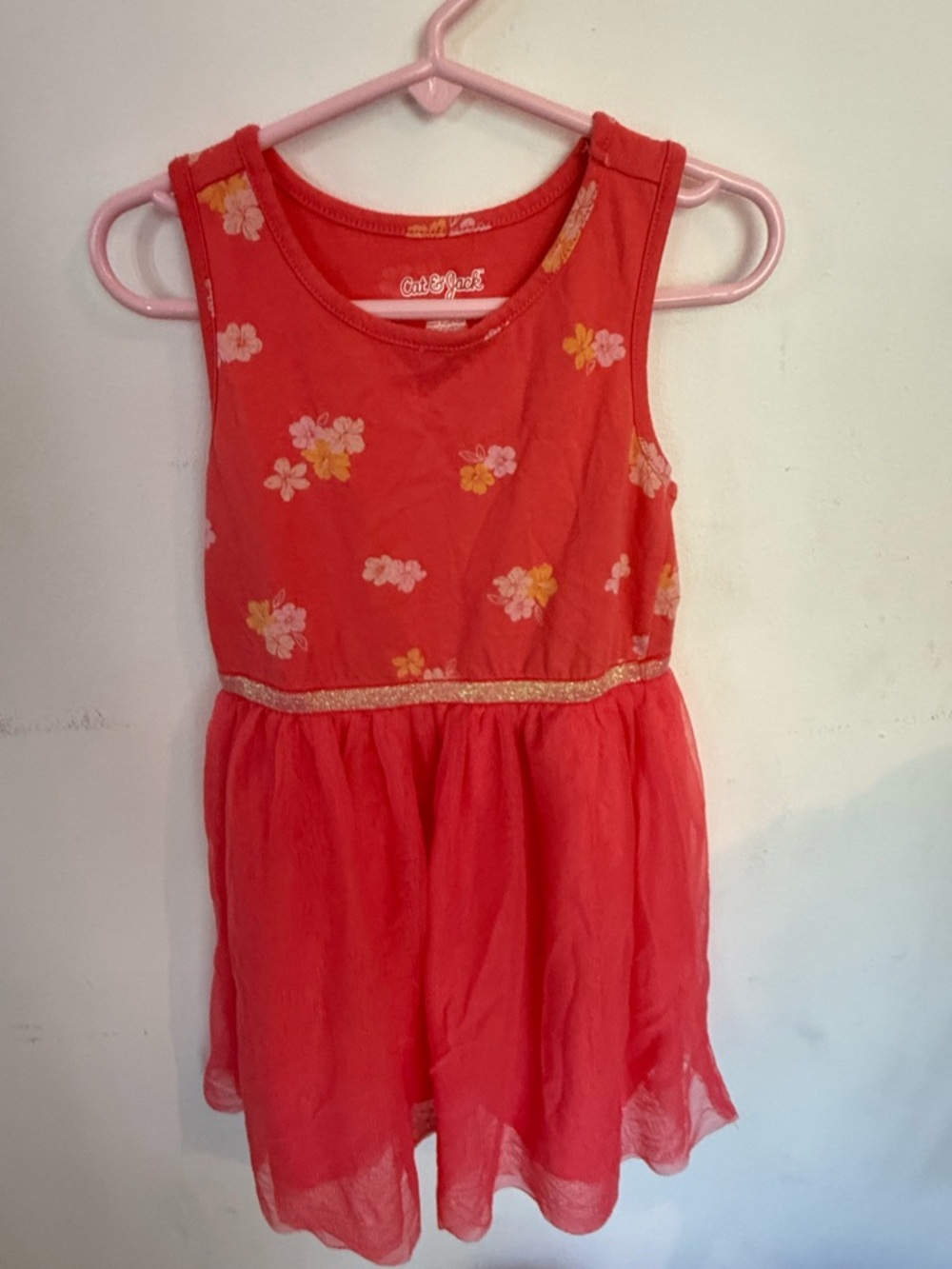 Cat & Jack Coral Floral Tank Dress with Gold Waist Trim